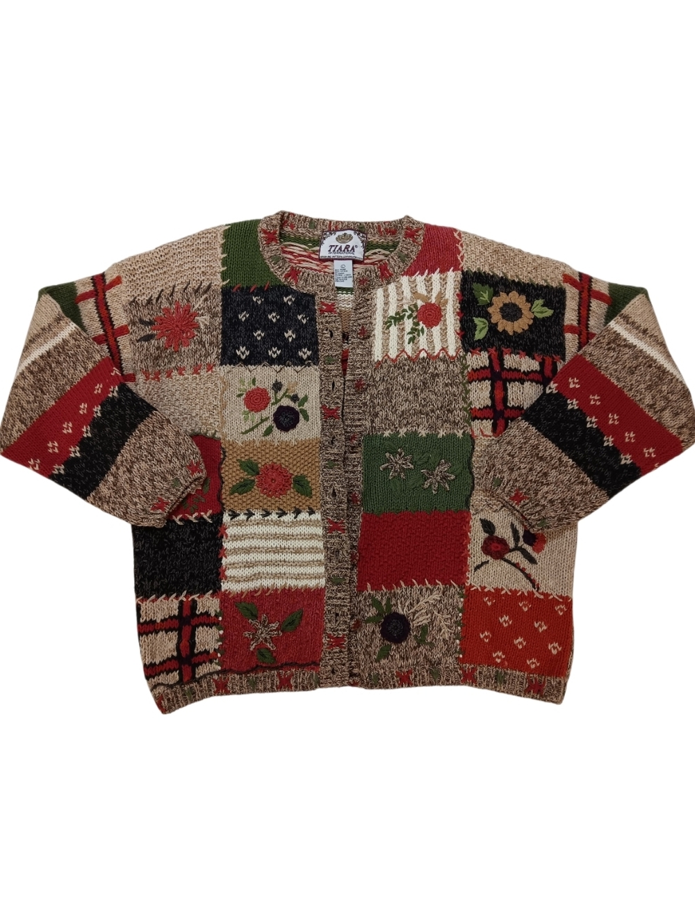 Vintage Tiara International Patchwork Floral Knit Cardigan - Red, Tan, Cream - L